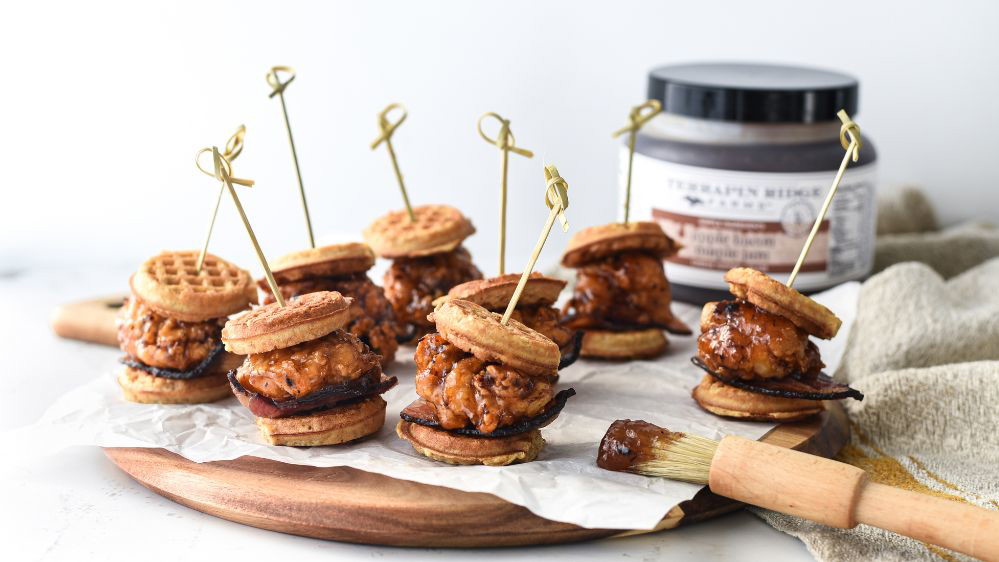 Image of Mini Fried Chicken 'n Waffle Sandwiches Featuring Apple Maple Bacon Jam