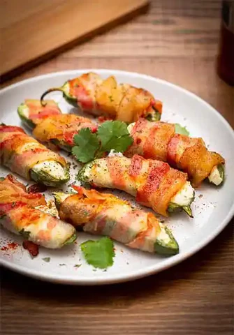 Image of Arrange the peppers on the baking tray and bake for 25-30 minutes until bacon is crispy and browned. Serve immediately.