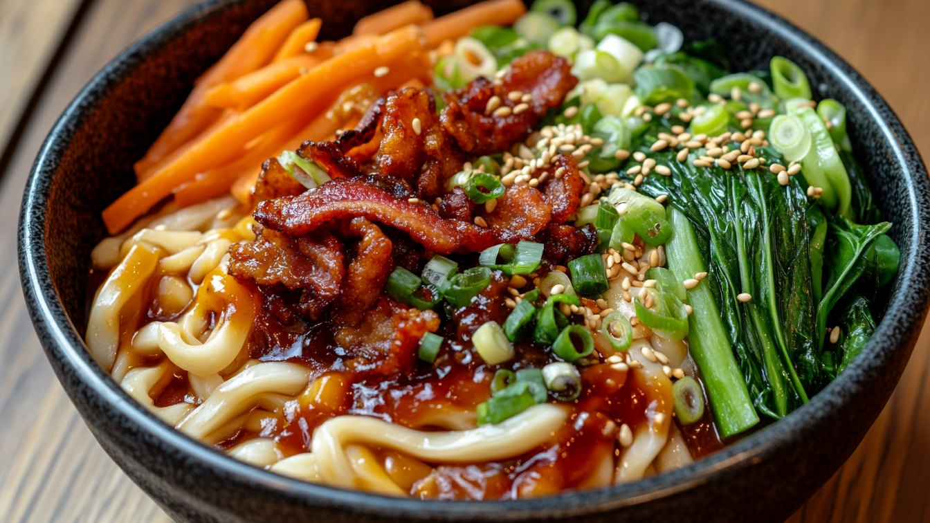Eine Schale Udon-Nudeln mit würziger Soße, knackigem Gemüse und knusprigem veganem Bacon, bestreut mit geröstetem Sesam und Frühlingszwiebeln.