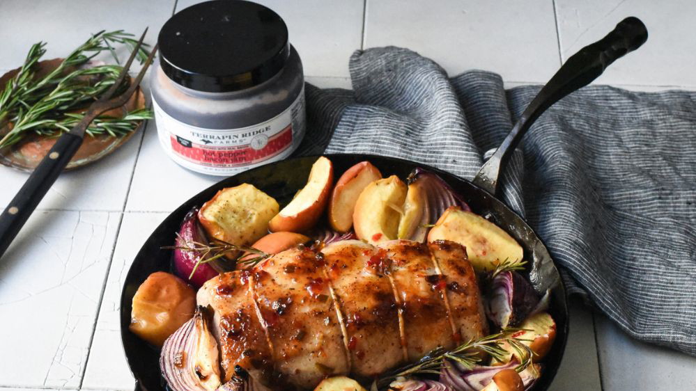 Image of Glazed Pork Loin with Apples, Onions, and Hot Pepper Bacon Jam