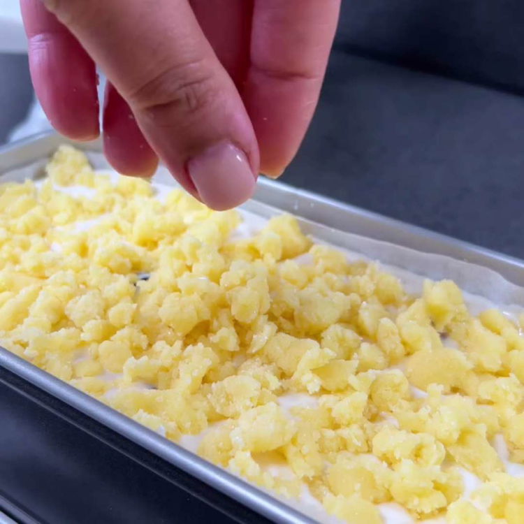 Image of Soğutulmuş bisküvi tabanının üzerine quark-böğürtlen karışımını yayın ve düzleştirin.