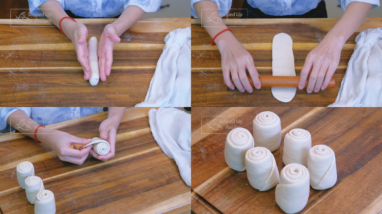 Image of Take one piece of the dough and roll it into a long strip. Flatten the strip into a long ribbon by using a rolling pin. Roll the ribbon to make a cylinder, tucking the end under. Set it aside and...