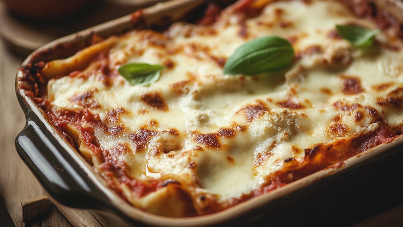 Goldbraun überbackene vegane Blumenkohl-Lasagne mit kräftiger Tomaten-Bolognese und cremiger Crème fraîche, serviert in einer Auflaufform.