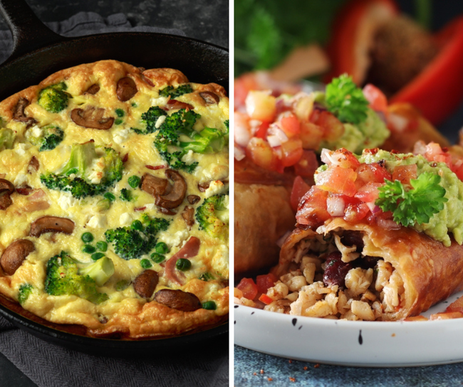 Broccoli-Mushroom Frittata and Chimichanga Breakfast Burrito