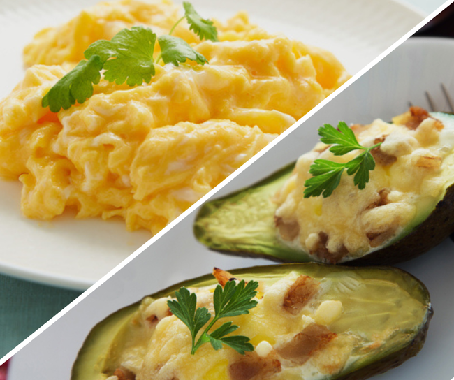Bacon, Cheese, And Avocado Melt & Cheesy Scrambled Eggs