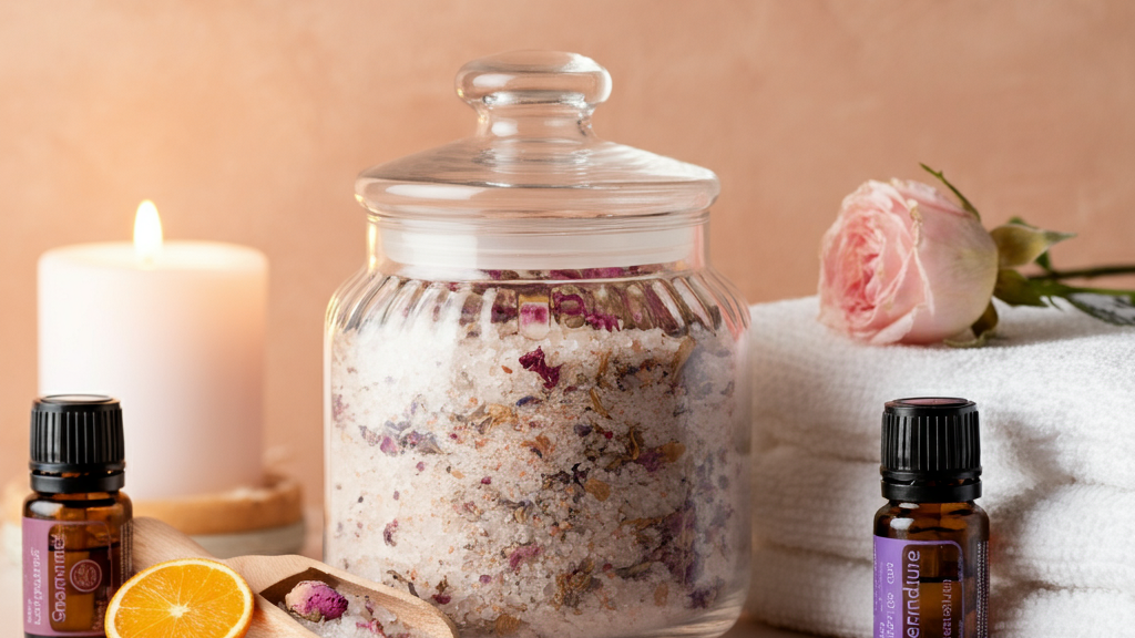 glass jar with bath salts next to towel, candle, and essential oils