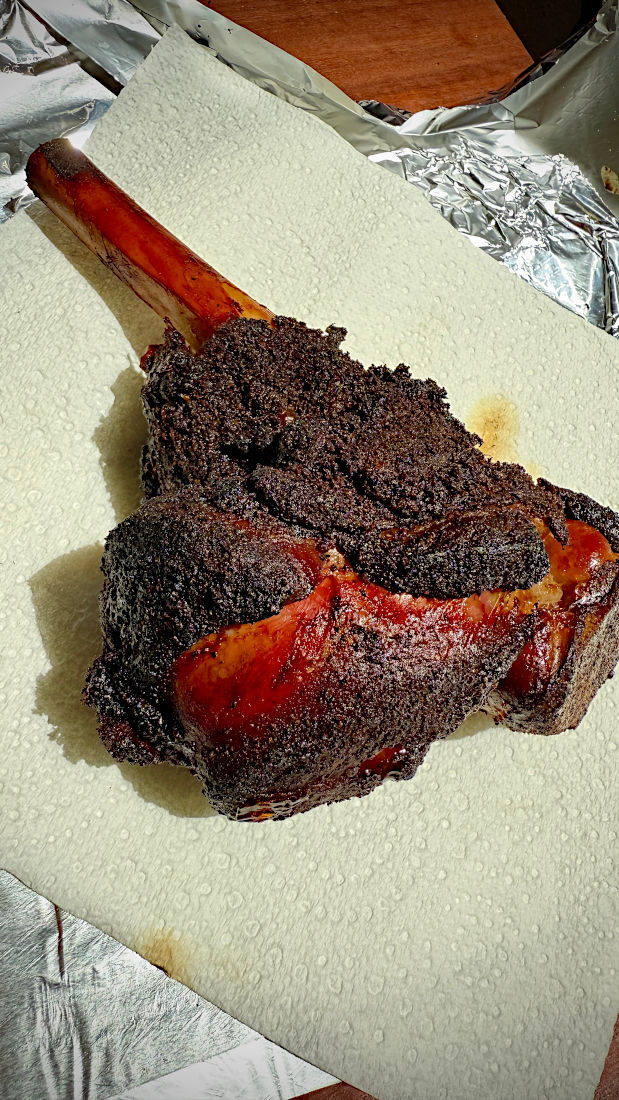 Image of Smoke the shanks until you can push a skewer through with only slight resistance (approx 85C internal). Then wrap tightly and start to shut down the smoker. This can be the finish of the cook and rest. Allow 3-4 hours....