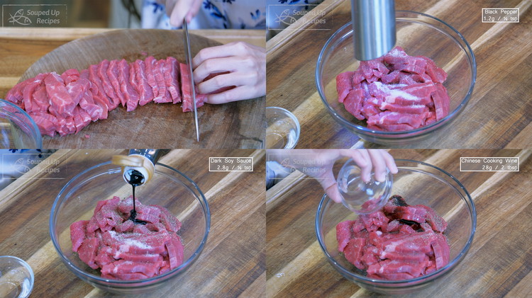 Image of Cut the beef across the muscle grains into ⅛-inch thick slices. Add the beef slices, Chinese cooking wine, salt, ground black pepper, and dark soy sauce to a large mixing bowl.