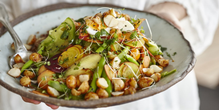 Layered Salad with Ginger and Soy Macadamias
