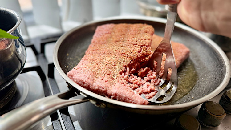 Image of Bang in your mince into a medium-hot heat pan with some olive oil or butter and break it up. Season with Oz Dirt and don’t touch it until the bottom starts to brown and get crispy. Then turn the mince...