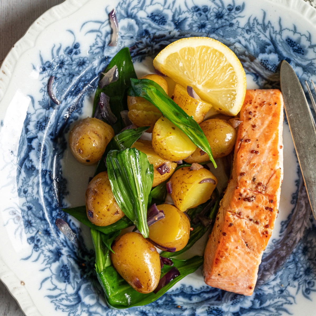 MARINATED SALMON WITH WARM POTATO AND WILD GARLIC SALAD - WITH WOMERSLEY LEMON, BASIL, BAY & JUNIPER