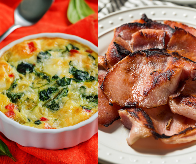 Spinach And Red Pepper Egg Cups with Coffee-glazed Canadian Bacon