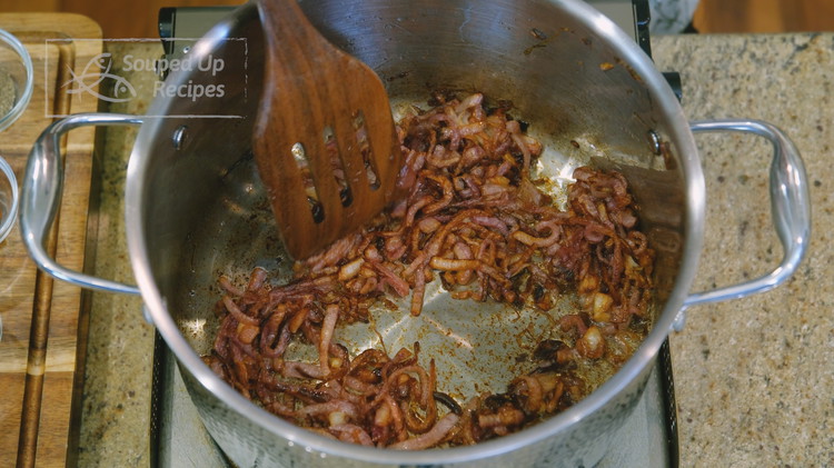 Image of Add the vegetable oil and the onion slices to a stock pot and stir over medium until golden brown. You can have the heat on high in the beginning because the onion still contains lots of moisture. Then, gradually lower the...