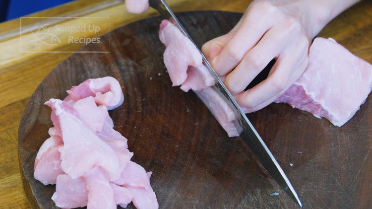 Image of Slice the pork into 1/8-inch think pieces. I am using pork loin but pork shoulder and tenderloin will also work. Or you can switch to chicken breast or beef.