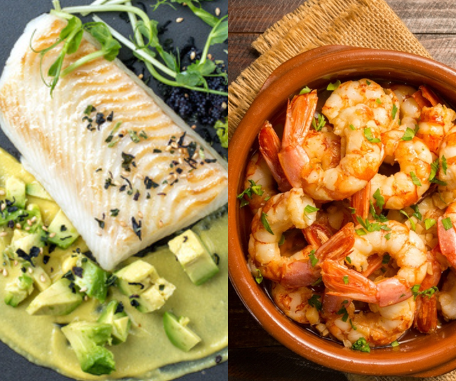 Cod With Avocado And Garlic Prawns