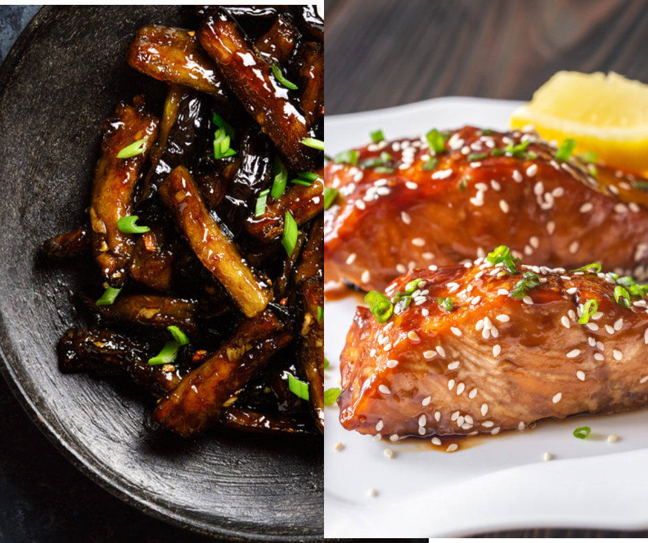 Broiled Teriyaki Salmon With Eggplant In Stir-fry Sauce