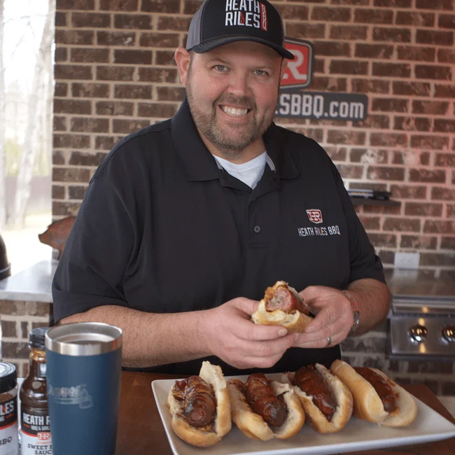 Bacon-wrapped brats stuffed with pepper jack cheese