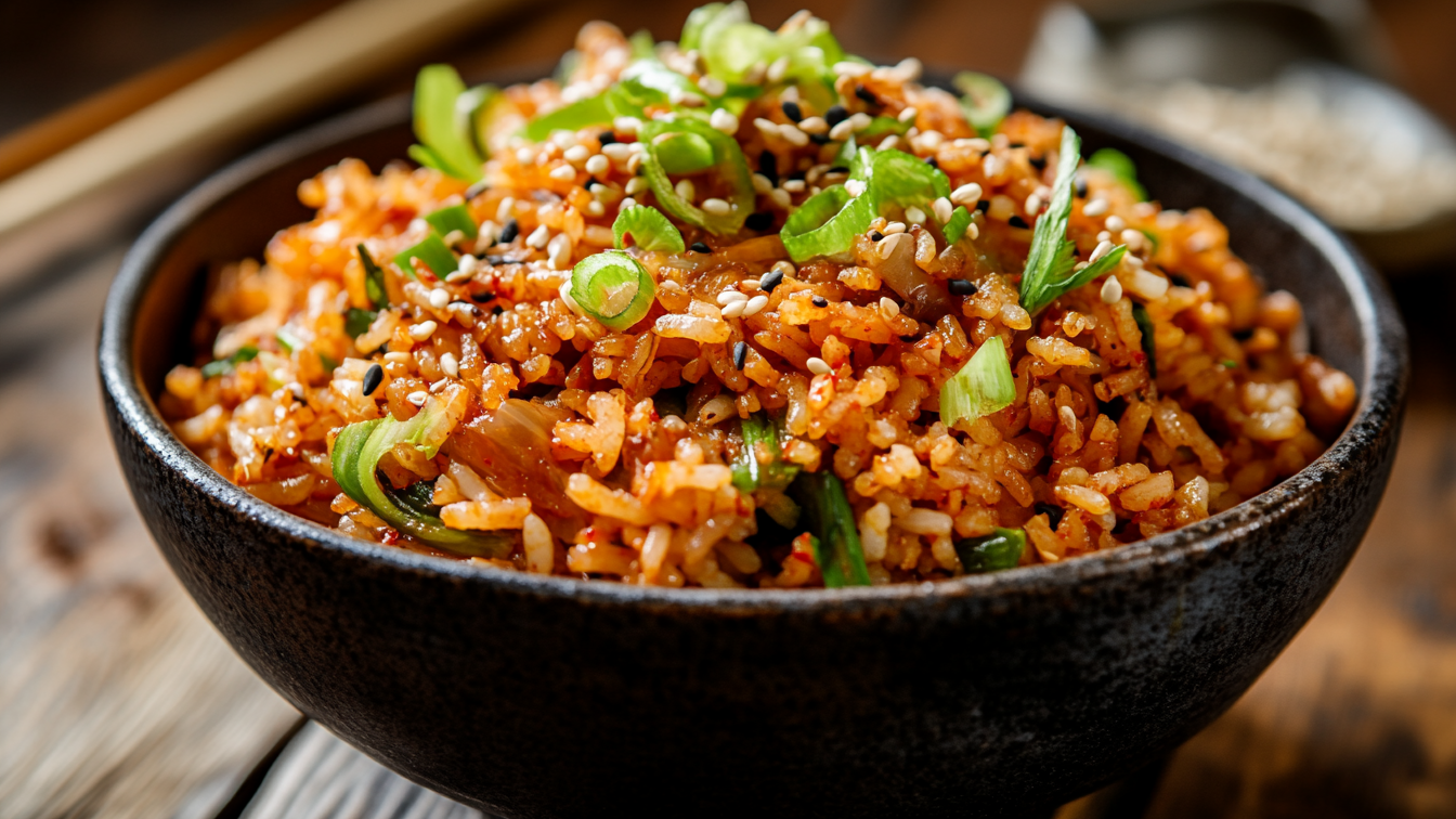 Eine Schale mit würzigem Kimchi Fried Rice, garniert mit Frühlingszwiebeln und Sesam.