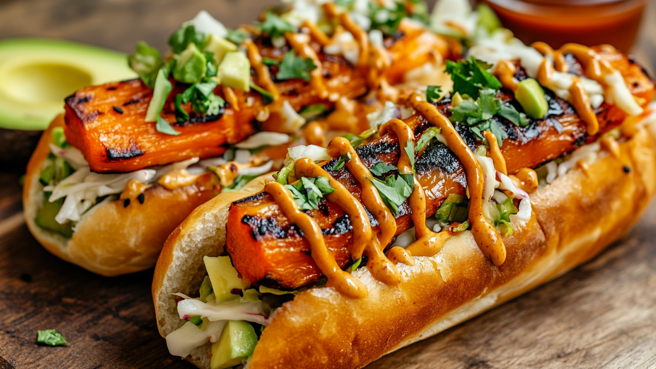 Vegane Möhren-Hotdogs in fluffigen Brötchen, belegt mit knackigem Krautsalat, Avocado und Gewürzgurken, dazu Ketchup und Senf – eine farbenfrohe und köstliche Alternative zum klassischen Hotdog.