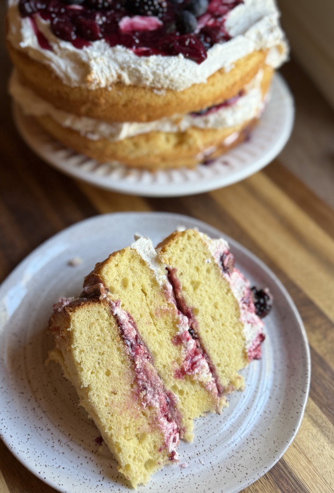 Butter Cake with Buttercream Icing and Mixed Berry Compote