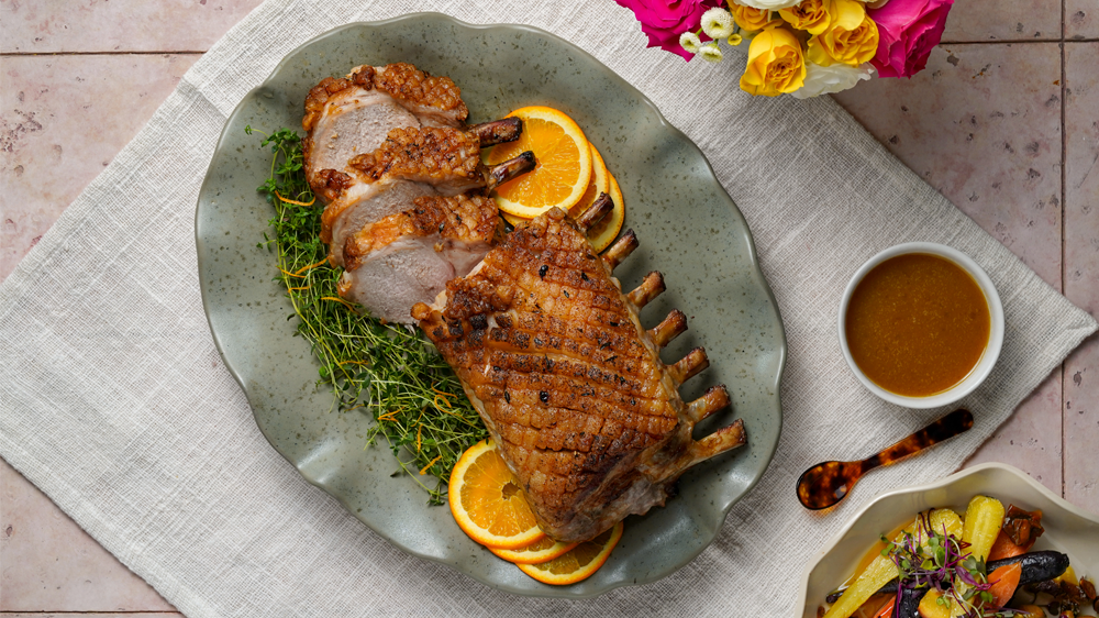 Rack of Pork with Roasted Carrots, Candied Pistachios & Orange Honey Mustard Glaze