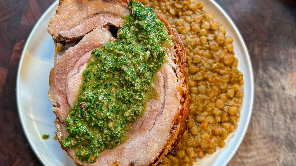 Crispy Porchetta with Lentils & Salsa Verde