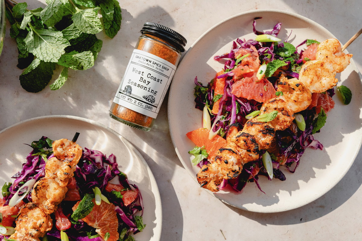 Grilled Shrimp Skewers with Citrusy Cabbage Slaw 