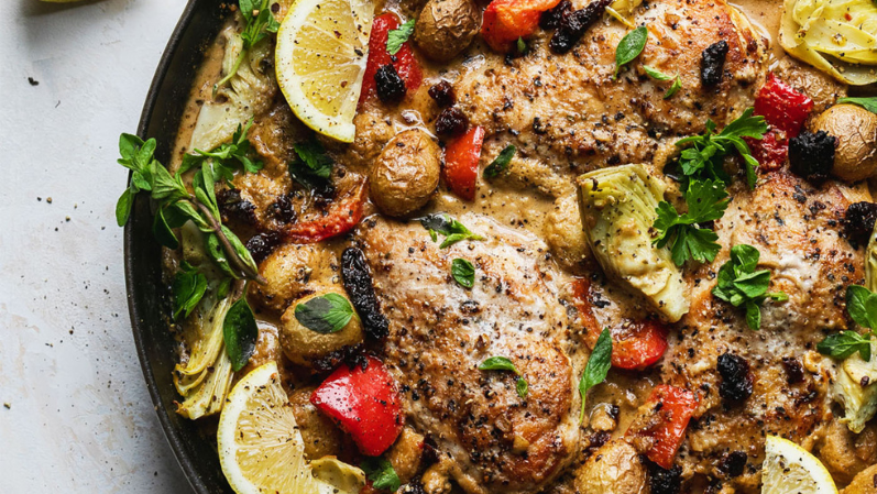 Image of One-Pan Mediterranean Tahini Chicken and Potato Skillet
