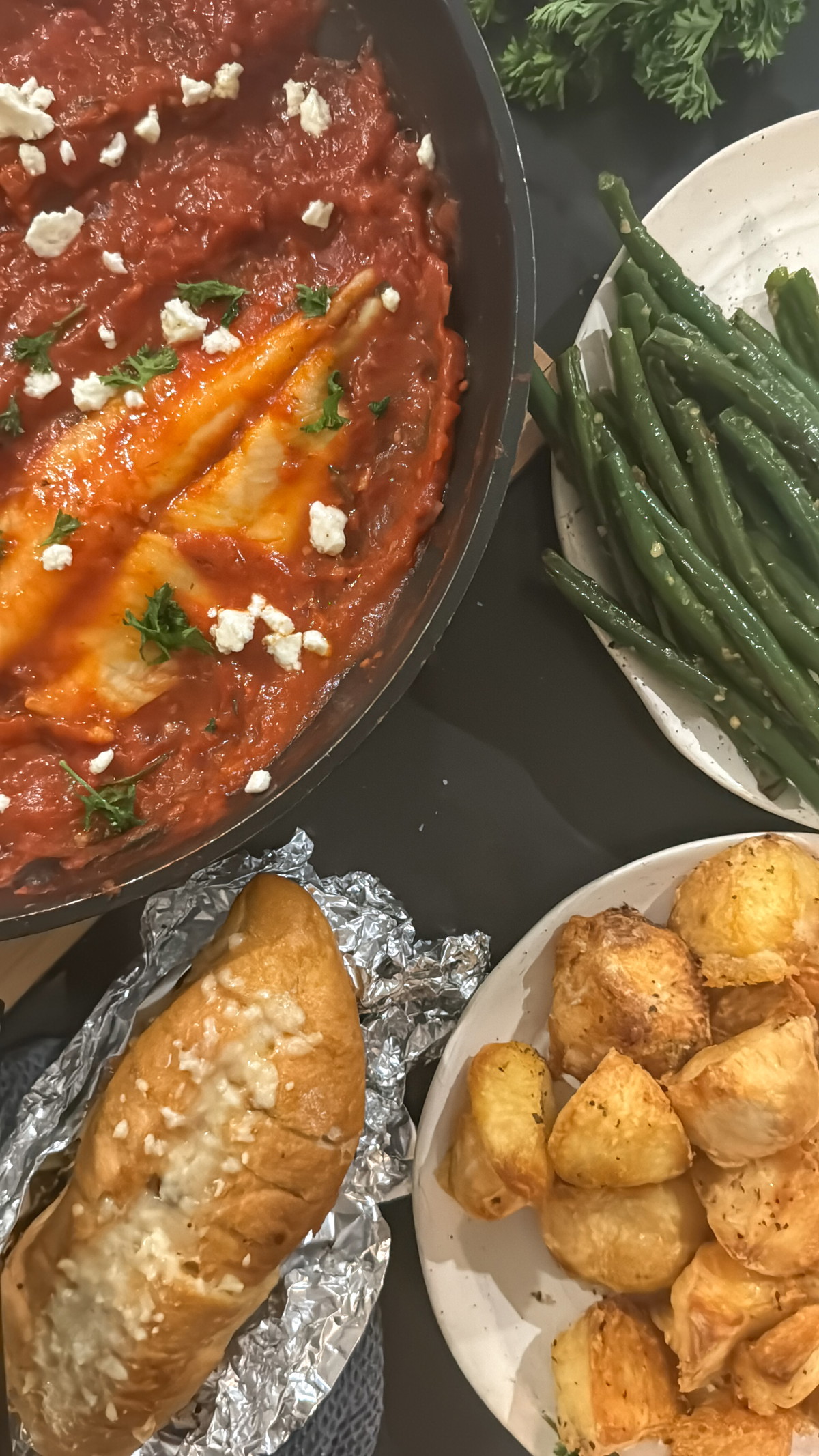 Fish Saganaki with Green Beans, Crispy Potatoes & Garlic Bread