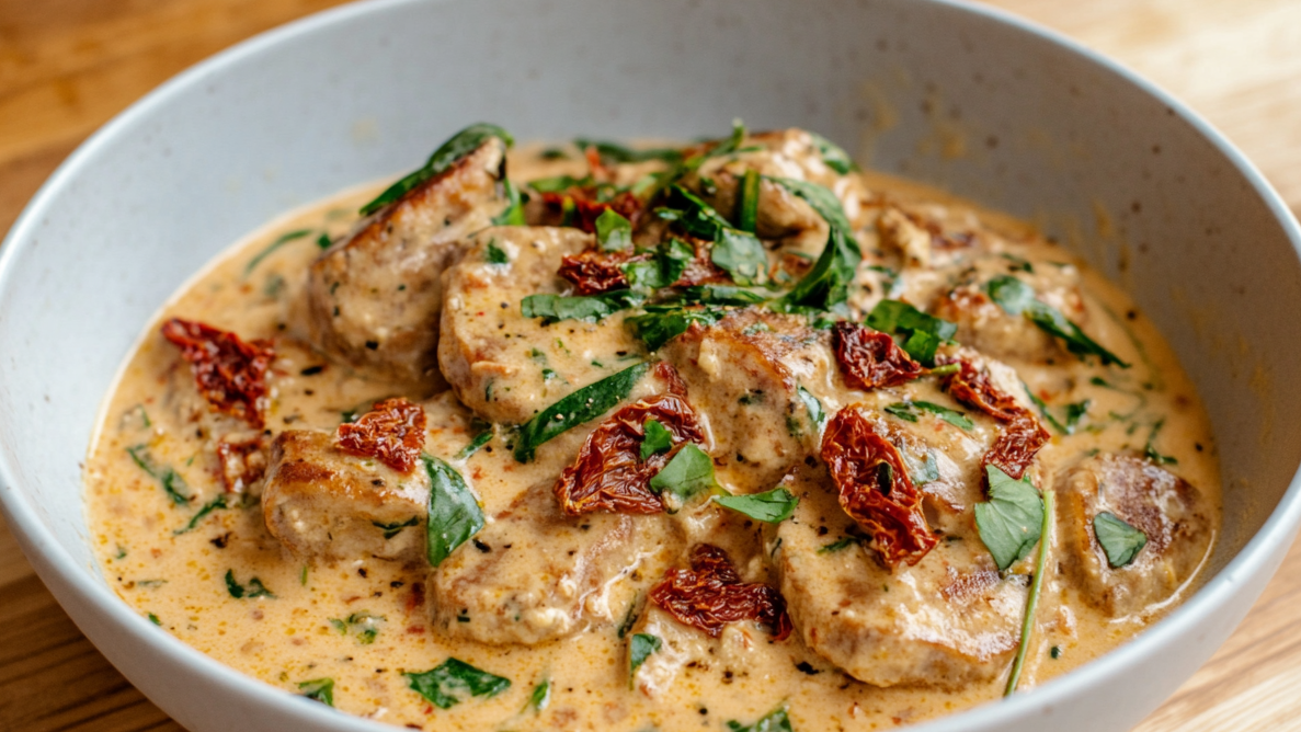 Cremiger veganer Tofu in goldbrauner Kruste, serviert in einer Cashew-Tomaten-Sauce mit Spinat und frischem Basilikum, angerichtet mit Reis.