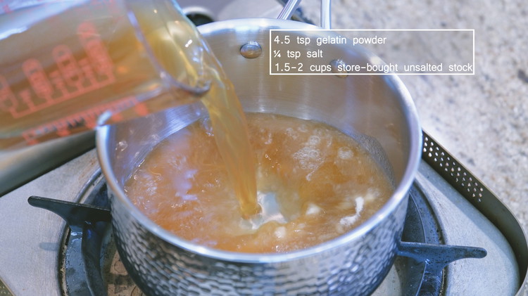 Image of Short Cut: Here is an easy method to make the broth jelly, which only takes 10 minutes. Add 4.5 tsps gelatin powder, ¼ tsp salt, and 2 cups store-bought stock to a saucepan. To make up for the lack of...