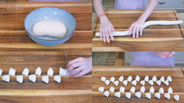 Image of Once the dough has been rested for 1 hour, roll it into a long even strip. Divide the strip into 32 even pieces, about 14 grams each. 