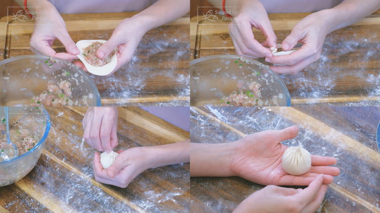 Image of Put some filling in the middle of the wrapper. Use your left hand to hold the dumpling. Use your right hand to pinch the edge, fold the pleats all the way around, and close the dumpling. Each pleat is about...