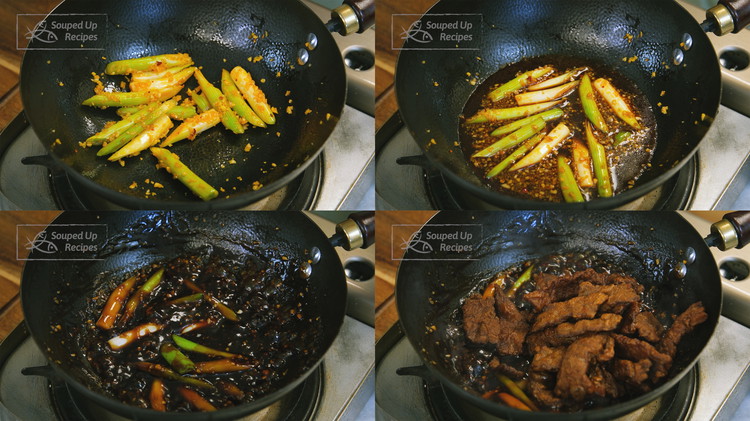 Image of Pour in the Mongolian sauce and mix for 2-3 of minutes to thicken it. Introduce the beef back to the wok along with the green part of the scallion. Keep mixing until the meat is coated with that glossy and...