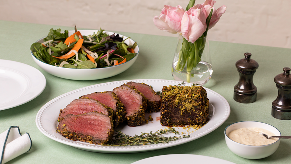 Image of Pistachio-Crusted Beef Tenderloin with Roasted Garlic Horseradish Cream Sauce