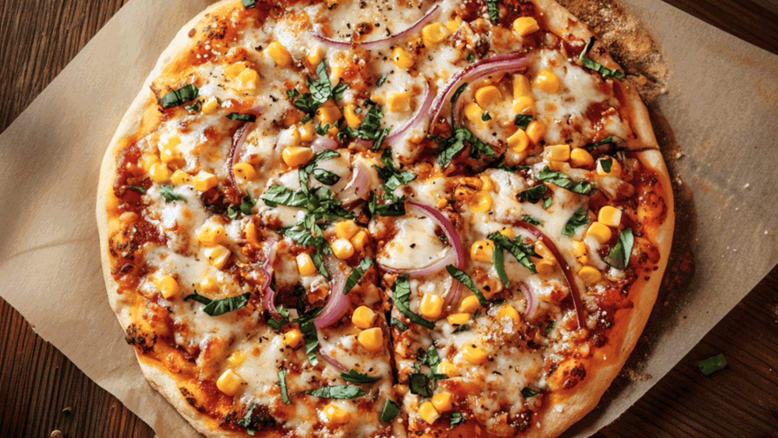Vegane Fladenbrotpizza mit Tomatensauce, geschmolzenem Käse, Zwiebeln und buntem Gemüse auf einem Backpapier – knusprig, bunt und ofenfrisch serviert.