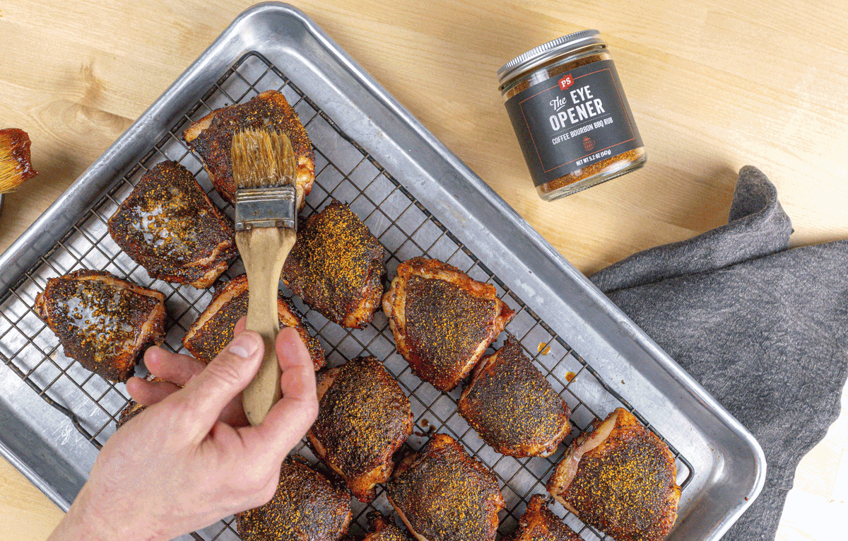 Coffee Bourbon Chicken Thighs using The Eye Opener BBQ Rub