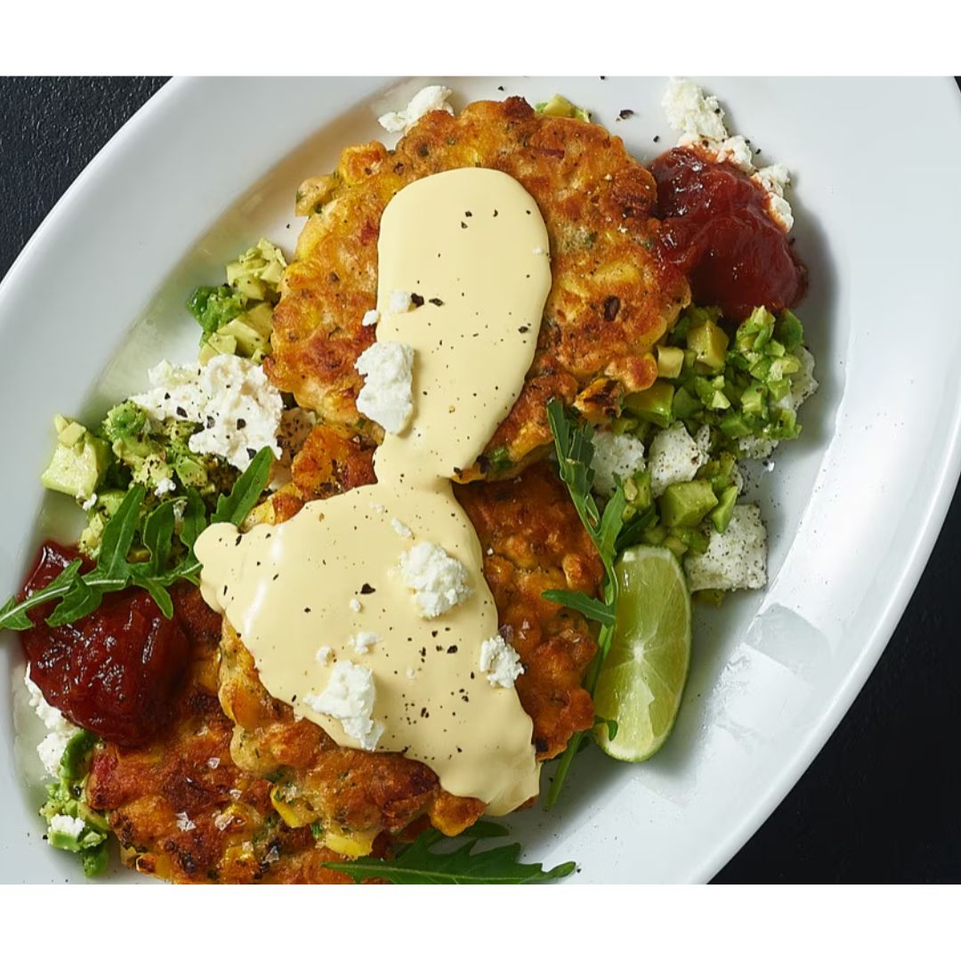 Crispy Corn and Chorizo Fritters with Smashed Avocado and Zesty Sauces