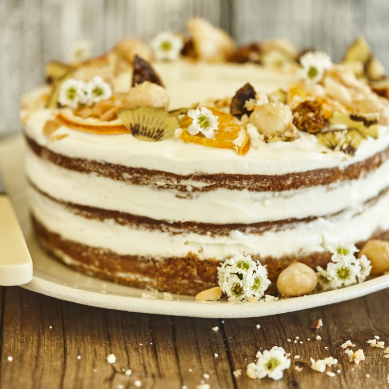 Frosted Macadamia Carrot and Ginger Spice Cake