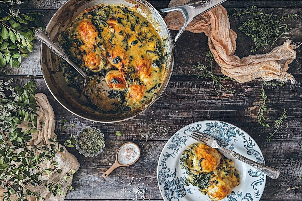 Salmon-Stuffed Eggs with Spinach Bechamel