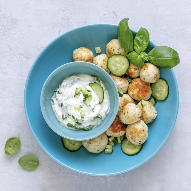 Image of greek-ish meatballs (chicken, bacon & feta) with tzatziki sauce