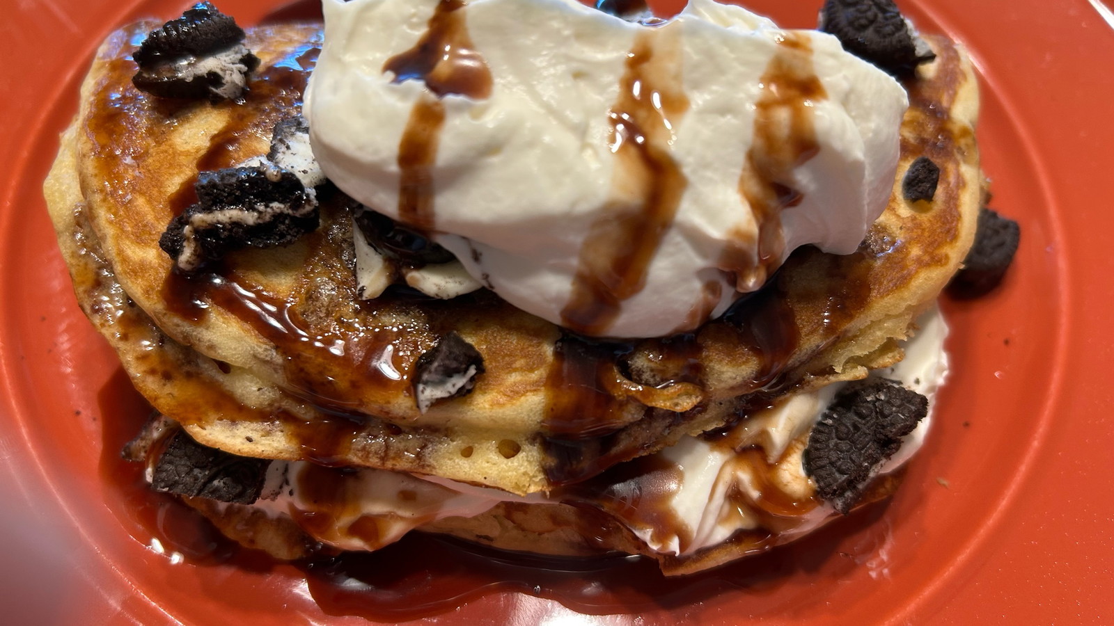 Image of Oreo Chip Cheesecake Pancakes with Chocolate Cherry Maple Syrup