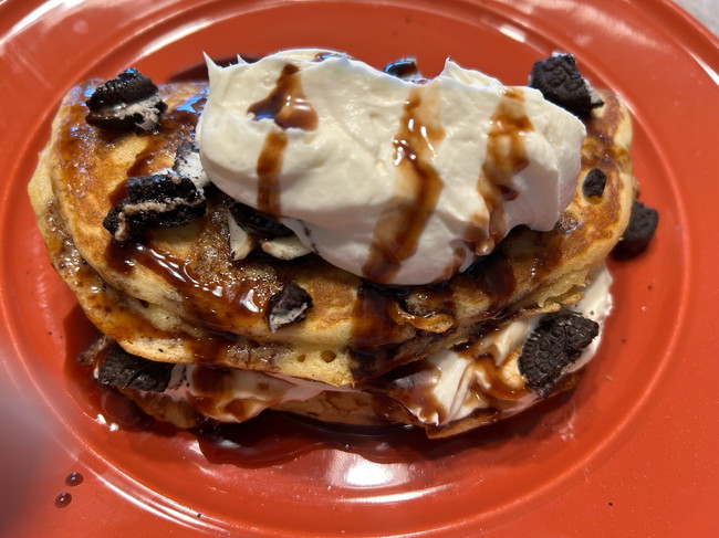 Image of Oreo Chip Cheesecake Pancakes with Chocolate Cherry Maple Syrup