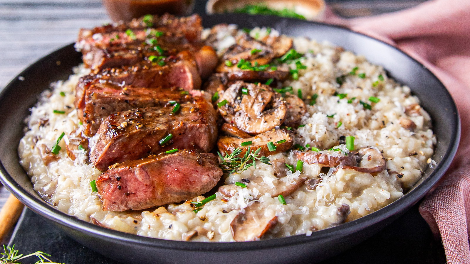 Image of Wagyu Steak with Red Wine Sauce and Mushroom Risotto 
