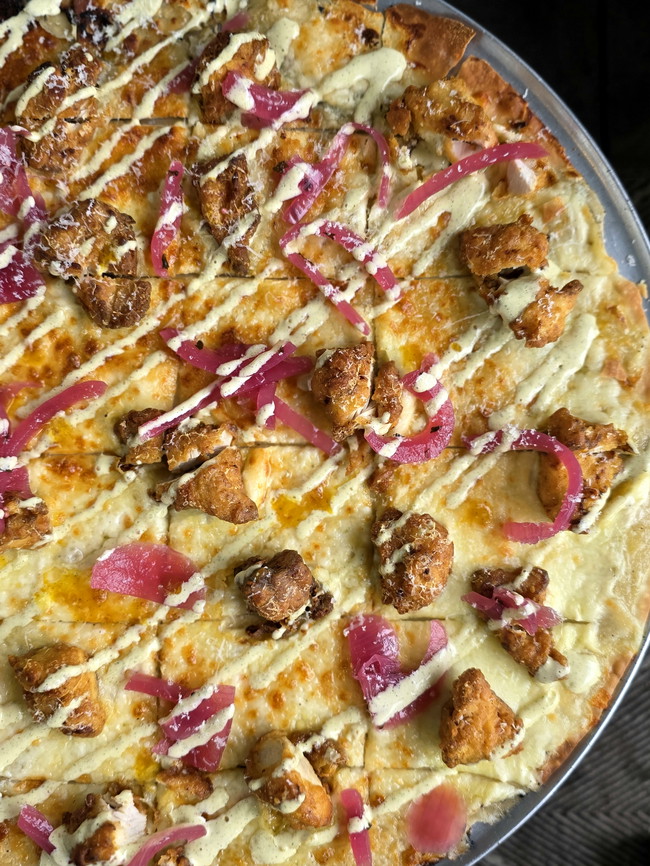 Image of Zab's Hot Chicken Tavern Style Pizza with Spicy Pickled Onions and Giardiniera Ranch