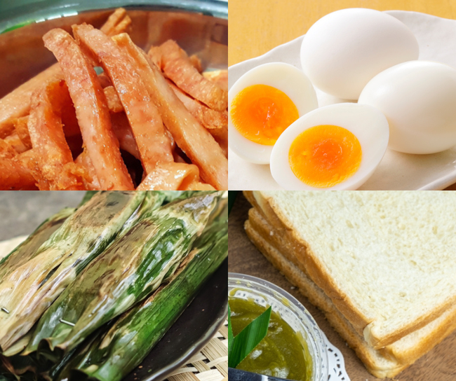 French Toast with Kaya, Luncheon Meat Fries, Otak Otak and Soft boiled egg