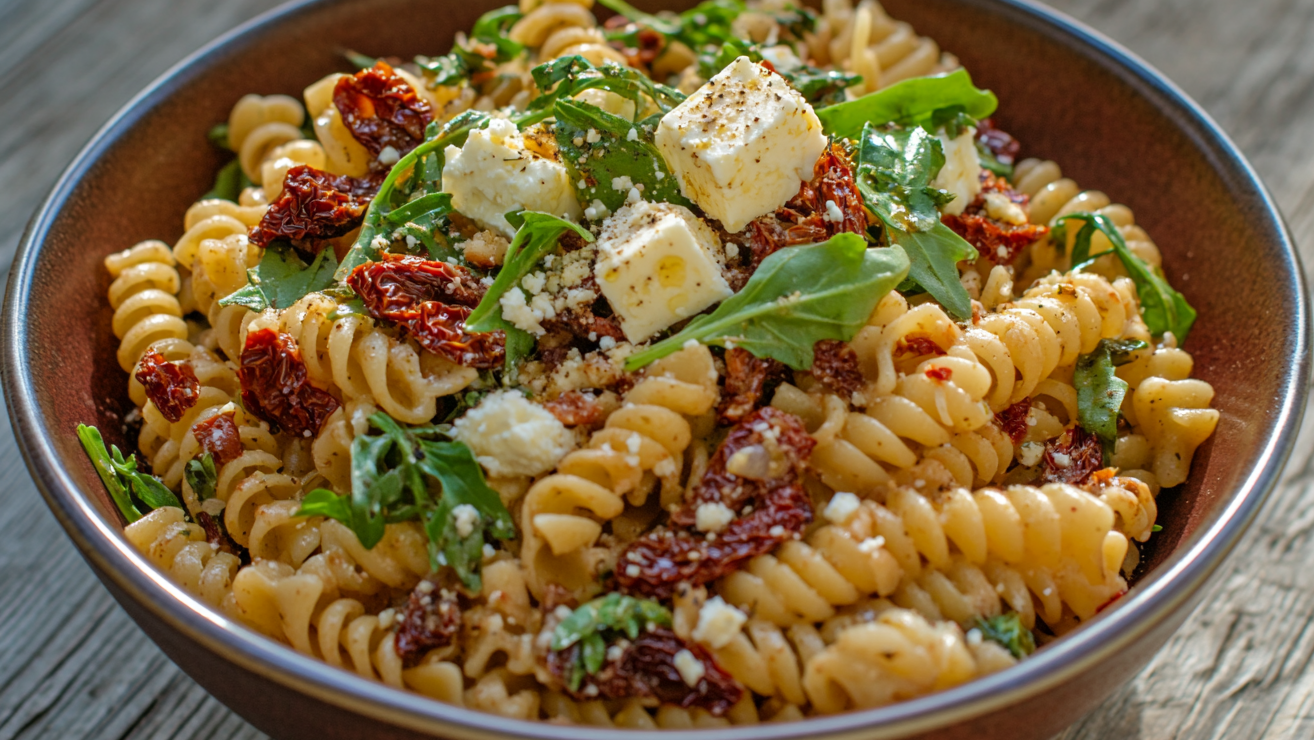 Bunter veganer italienischer Nudelsalat mit getrockneten Tomaten, Rucola und veganem Feta, serviert in einer Schüssel – perfekt zum Grillen