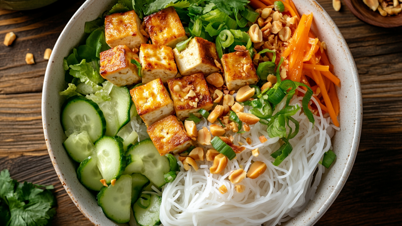 Vietnamesischer Bún Chay Nudelsalat mit Reisnudeln, gebratenem Tofu, knackigem Gemüse, Erdnüssen und frischem Koriander, sommerlich angerichtet in einer Schale