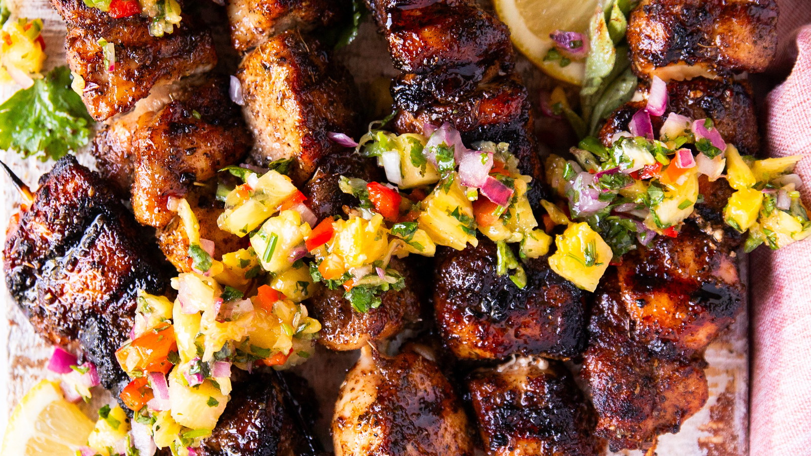 Image of Grilled Chicken Kebabs with Grilled Veggie Kebab and Pineapple Salsa
