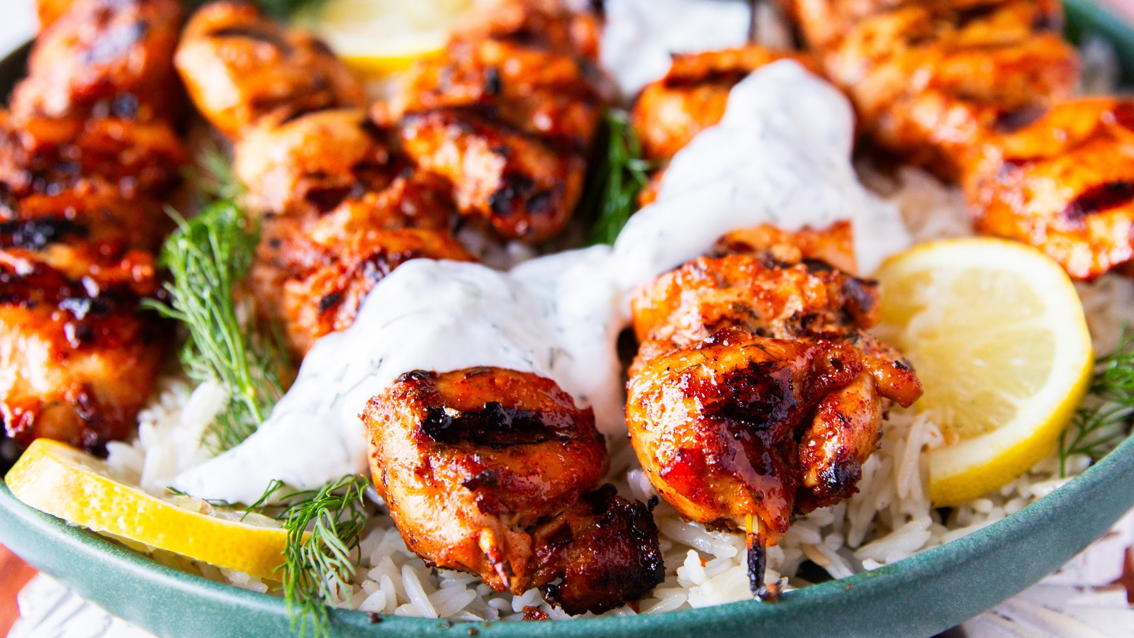 Image of Mediterranean Grilled Chicken Kebabs with Rice And Dill Yogurt Sauce